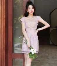 Chic Round Collar Lace Floral Embroidery A-line Mini Gown Party Evening Dress