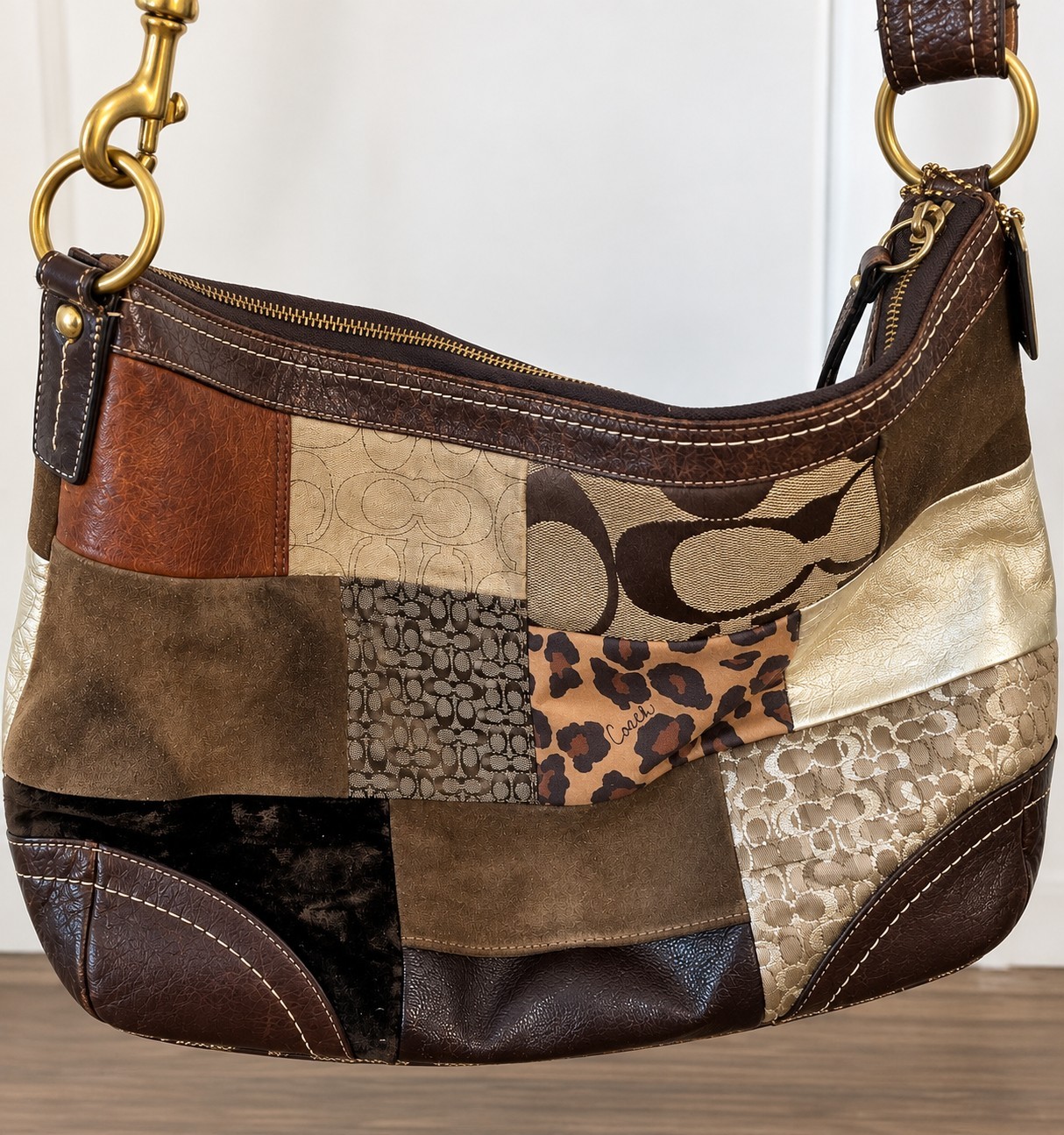 Coach Patchwork Crescent Shoulder Bag Brown Beige Zip… - Gem