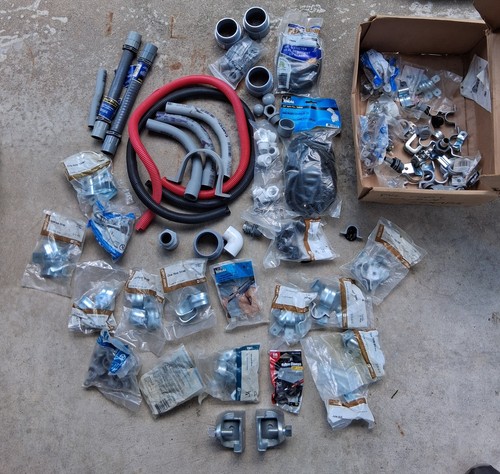 HUGE LOT OF PIPE STRAPS, CONDUIT FITTINGS, I BEAM CLAMPS, FLEX CONDUIT