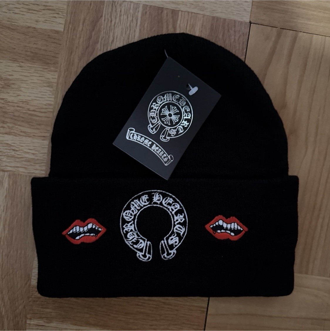 Chrome Hearts Black Knit Beanie with Lips Graphic and Horseshoe Logo