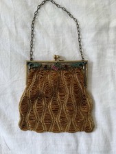 Antique 1920s Art Deco Beaded Purse Enameled Jeweled Frame Amber Glass Beads