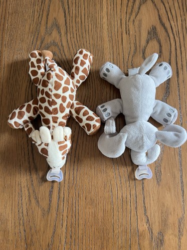 Lot Of 2 AVENT Soothies Pacifier Holder Snuggle Soother Plush Elephant & Giraffe
