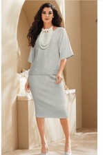 M Midnight Velvet Gray Formal Wedding Church Faux-Pearl Sweater Skirt Suit Set