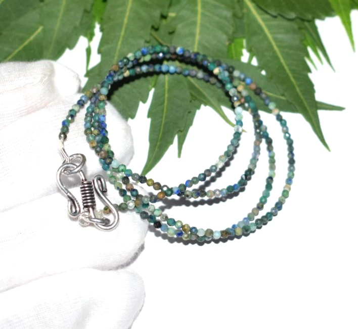 Naturale Azzurrite Collana con Perline 2 MM Gemma 925 Argento Sterling 152cm - Immagine 2 di 4