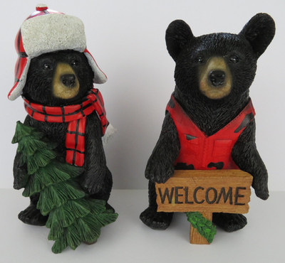 December Home 2 BLACK BEAR Resin Figurines - Winter Theme Welcome Cabin Wildlife