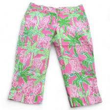 Lilly Pulitzer Sz 2 Taboo Elephant Print Capri Pants Mid-Rise Pink Green Cuffed