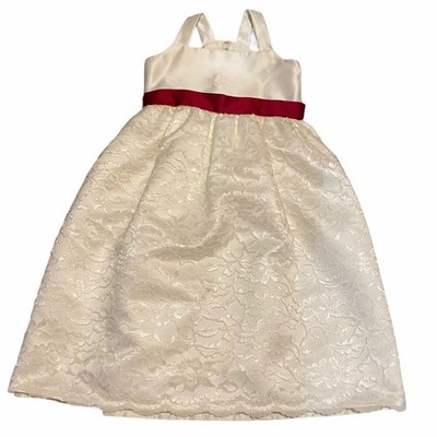Adorable Flower Girl White Lace Red Sash Handmade Formal Dress Toddler 4T