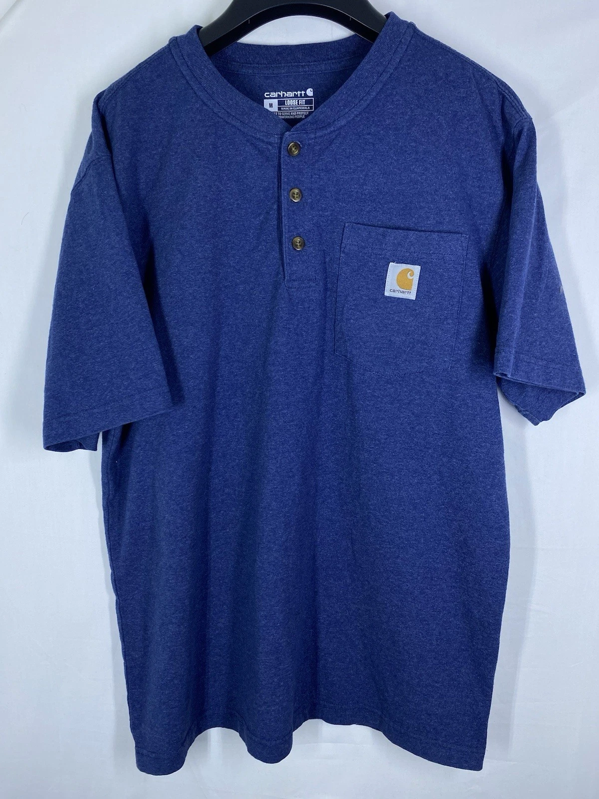 Carhartt Shirt Mens Medium Blue Pocket Logo Button Henley Short Sleeve Workwear