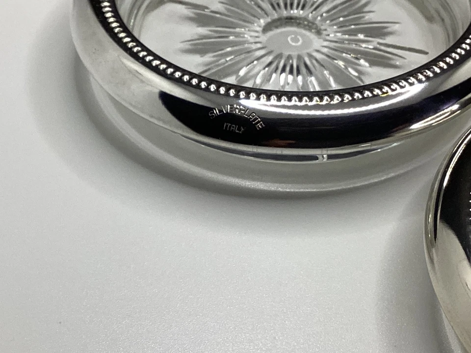 Vintage Italian Glass Starburst Coasters Silver Plate Beaded Rims Set of 8 - Image 4 of 4