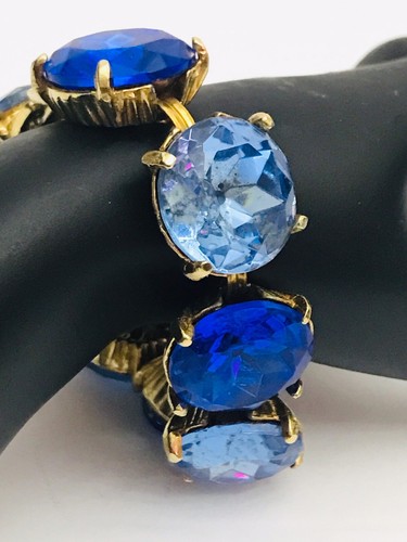 Vintage Chunky Statement Armband Kobalt und Hellblau Katzenauge Goldfarben
