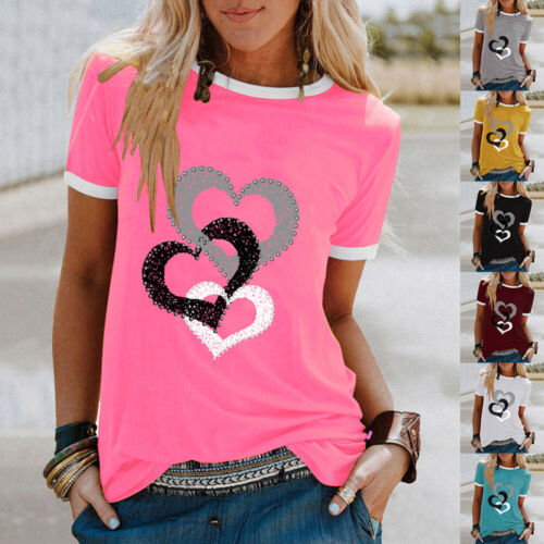Womens Heart Print Short Sleeve T Shirt Blouse Ladies Summer Casual Tunic Tops