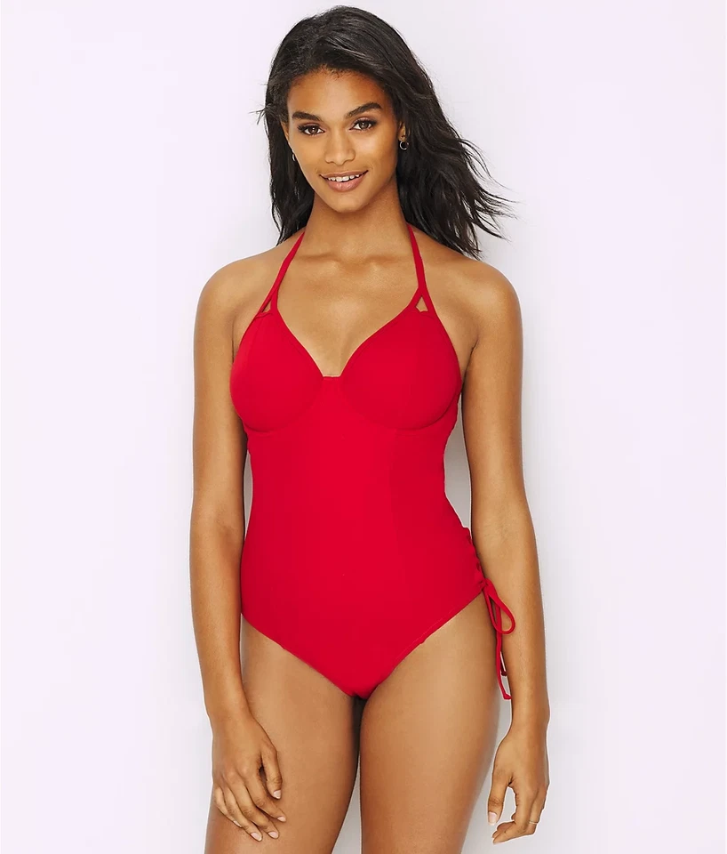 Traje de baño Miss Mandalay ROJO RUBÍ Icono Halter Plunge de una pieza, EE. UU. 32G, REINO UNIDO 32F Foto 2 de 4