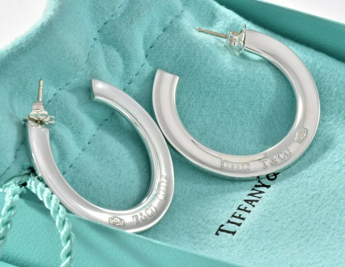 Tiffany Co Sterling Silver 1837 Wide Flat Hoop Earrings Pouch