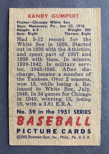 1951 Bowman #59 Randy Gumpert (Chicago White Sox) 1951 ALL-STAR! (B) - Foto 2 di 2
