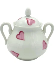 D. Porthault Paris Sugar Bowl w/Handles Les Coeurs Pink Hearts Porcelain Limoges