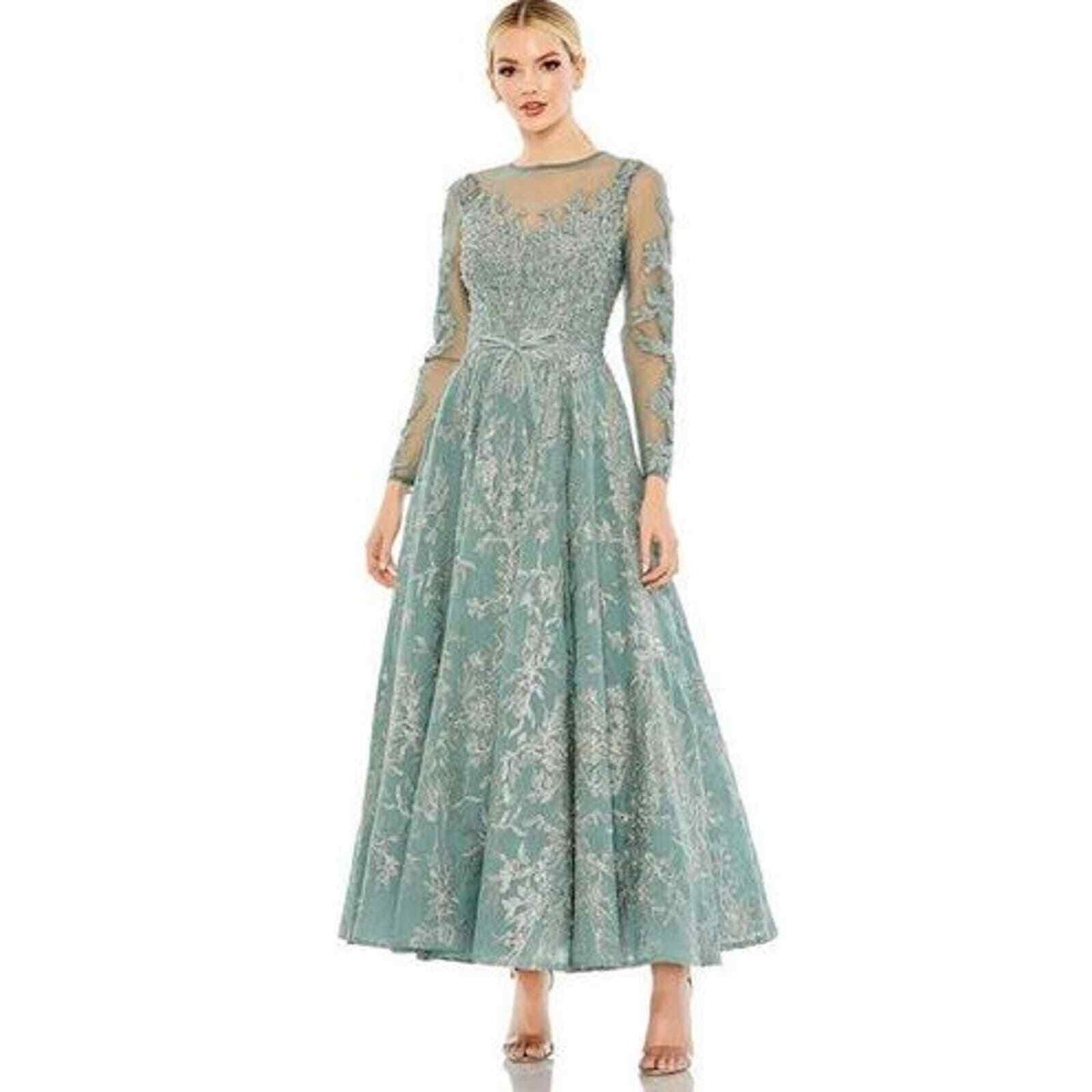 Mac Duggal - Green Embellished Bow Belt Illusion Long Sleeve A Line Dress - US 6