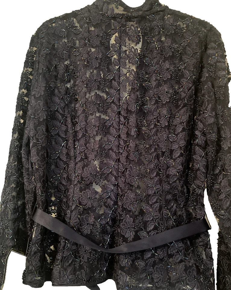 JS Collection Ladies 2 Pc Navy Lace Beaded Appliqué Jacket W/ Satin Tank Size 10 - Image 3 of 4