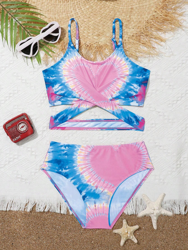 Teen Girl Tie Dye Heart Print Crisscross Bikini Swimsuit - Picture 11 of 15