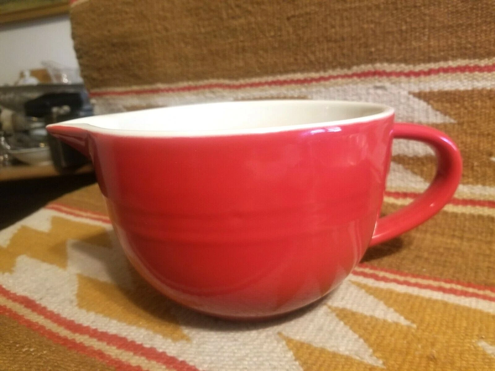 COOL VINTAGE CHINESE RED PANCAKE BATTER MIXING BOWL 4.5t6.5"diam w HANDLE HALL ?