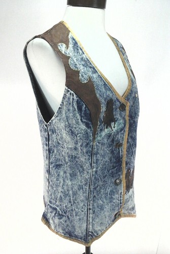 HOVIS Western Denim Vest ACID WASH w/ Hand Painted Horses USA VTG Women's L RARE - Bild 4 von 8