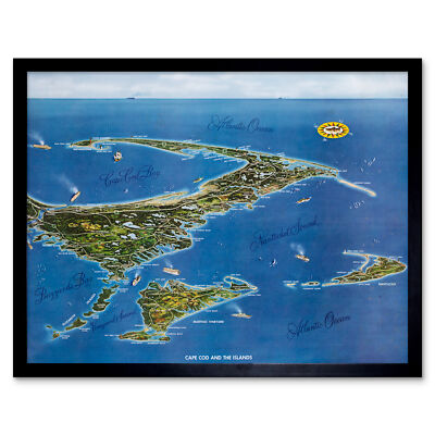 Macdonald 1958 Karte Cape Cod Inseln Vogelperspektive Wandkunstdruck gerahmt 12x16