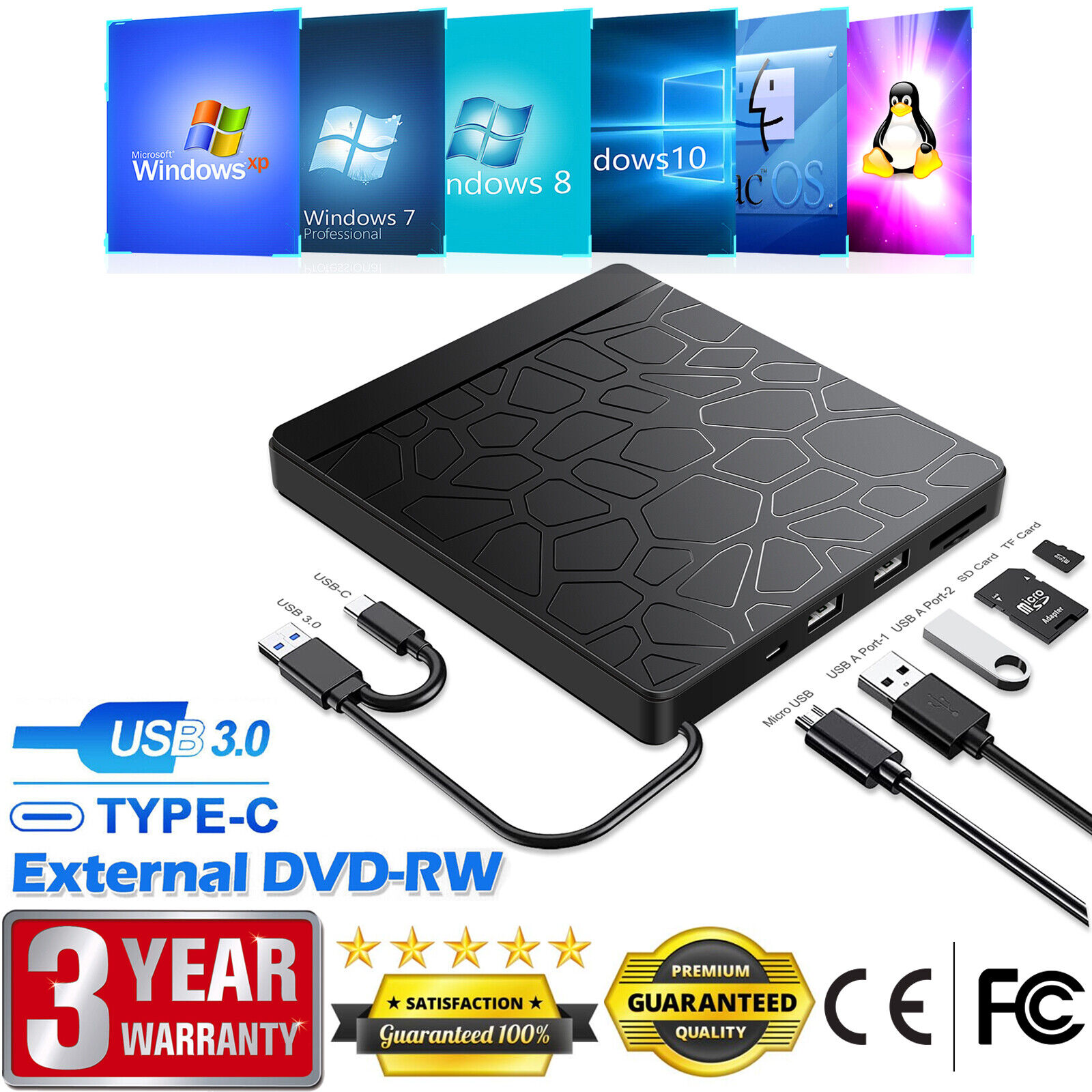 Externe Pour Ordinateur Portable , 4 en 1 USB 3,0 Type-C DVD