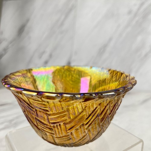 Indiana Glass Small Bowl  Basket Weave Carnival Glass 4.5" Amber Yellow - Picture 2 of 6