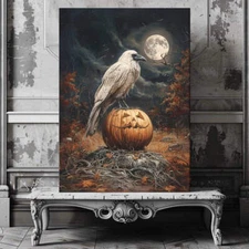 White Raven on Halloween Pumpkin in Full Moon Night - Gothic Canvas Print