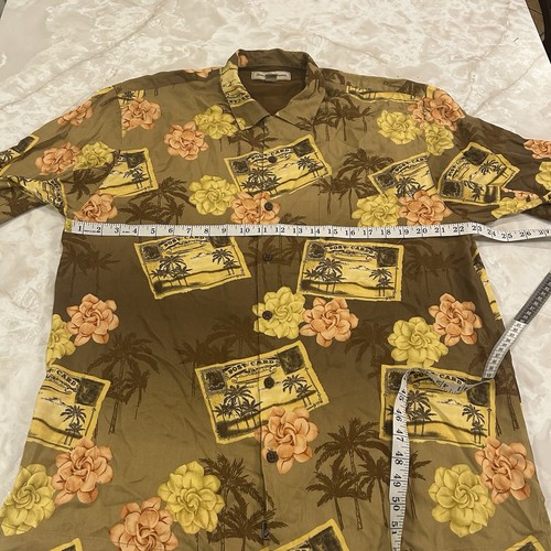 Tommy Bahama Hawaiian Shirt Mens Large Brown Floral Post Card Camp Beach - Picture 4 of 5