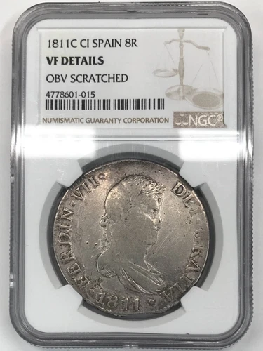 1811 C CI Spain Silver 8 REALES NGC VF-Details (obverse scratched)  Fernando VII