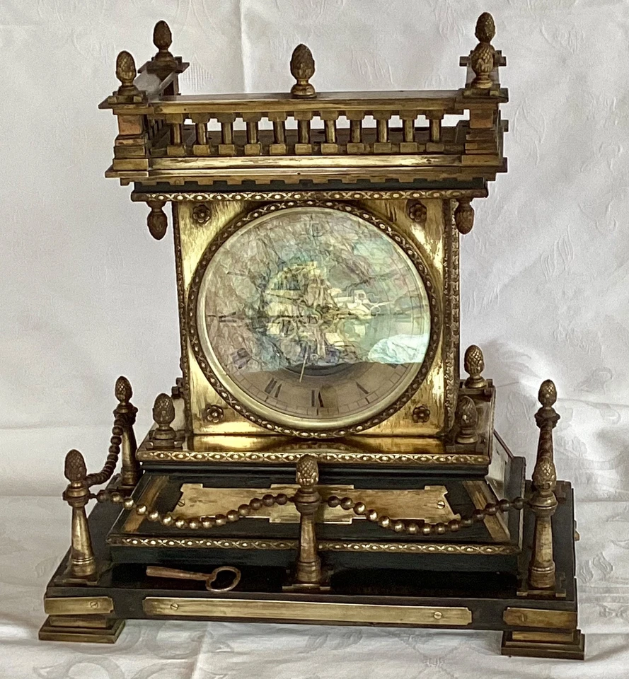 Horloge XIXème - Pendule bronze et bois - Mécanisme apparent - Fonctionne - Photo 2/4