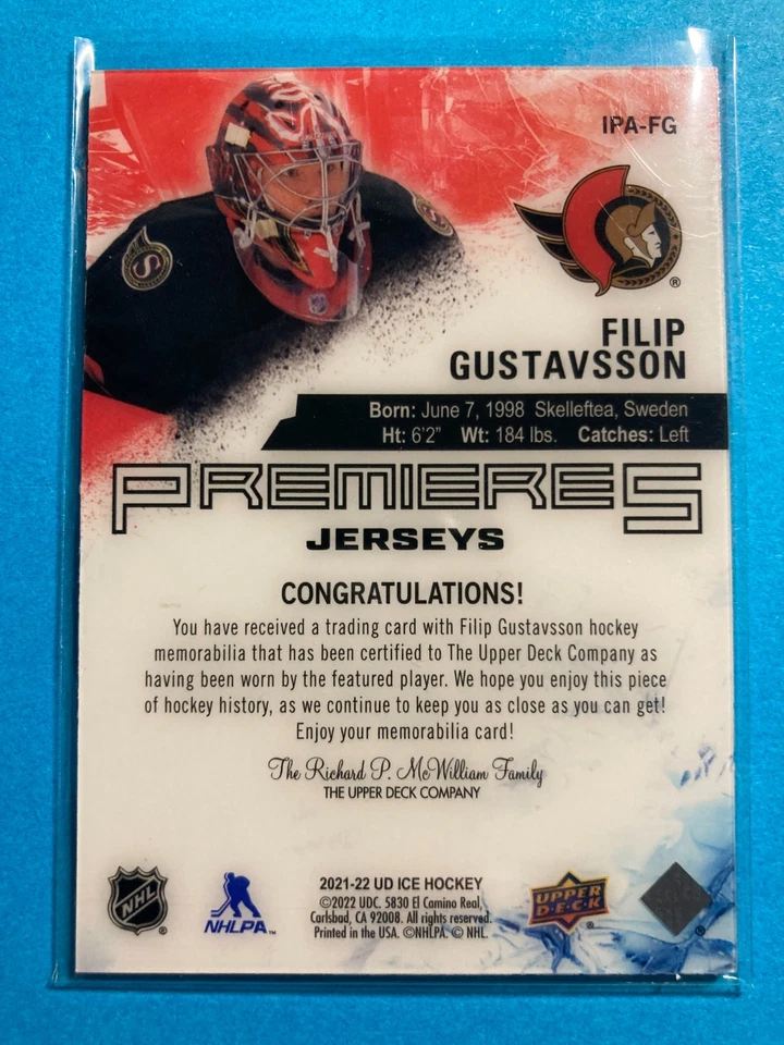 2021-22 Upper Deck Ice Ice Premieres Jerseys #IPA-FG Filip Gustavsson RC - Image 2 of 2