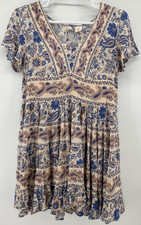 Bila Boho Paisley Dress Womens Small Blue Beige Flutter Sleeve Babydoll Flowy