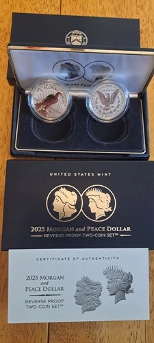 2025 S Two Coin Set. MORGAN AND PEACE REVERSE PROOF SILVER DOLLAR with OGP + COA