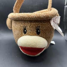 Sock Monkey Halloween Treat Bag 5in Plush Brown Knit Structured Lightweight Bow