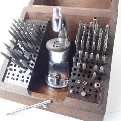 Vintage C & E Marshall Watchmakers Staking Set w/ Stand & Hardwood Box