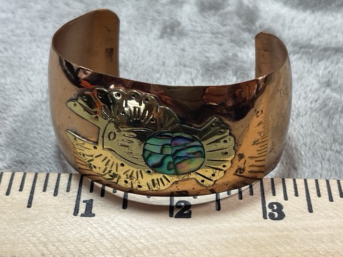 Vintage Abalone Copper Brass Eagle WIDE Cuff Bracelet 6” Signed !! - Picture 6 of 8