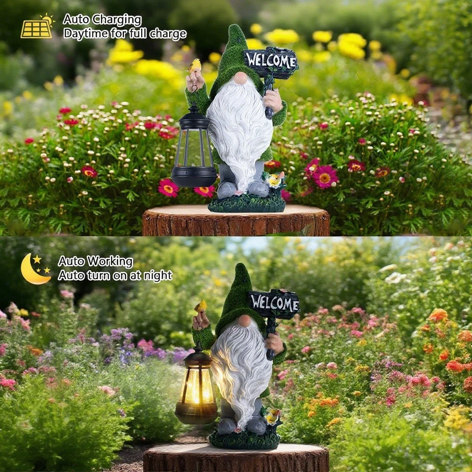 Solar-Powered Dwarf Statue with Bird & LED Lights - Waterproof Garden Decor - Image 4 of 4