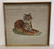 Vintage 1970s BENGAL TIGER Handmade Needlepoint Craft Picture FRAMED