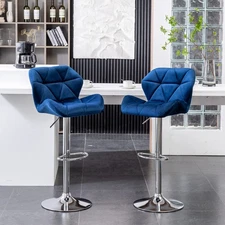 Breni Velvet Diamond Tufted Swivel Adjustable Height Barstools, Set of 2, Blue