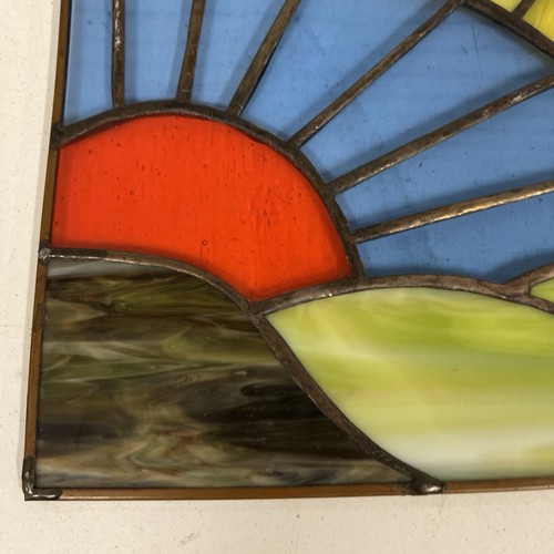 Vintage Stained Glass Panel Window Sun Motif Blue Green Beige 10X15” - Picture 5 of 12