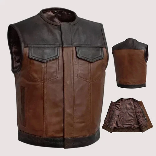 Men’s Brown Leather Vest Biker Club Motorcycle Waistcoat Custom Patches Cut