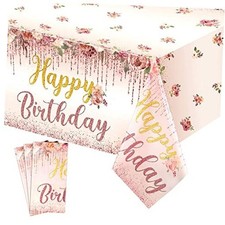 3 Pcs Happy Birthday Tablecloth Floral Table Cover Rose Gold Pink Disposable