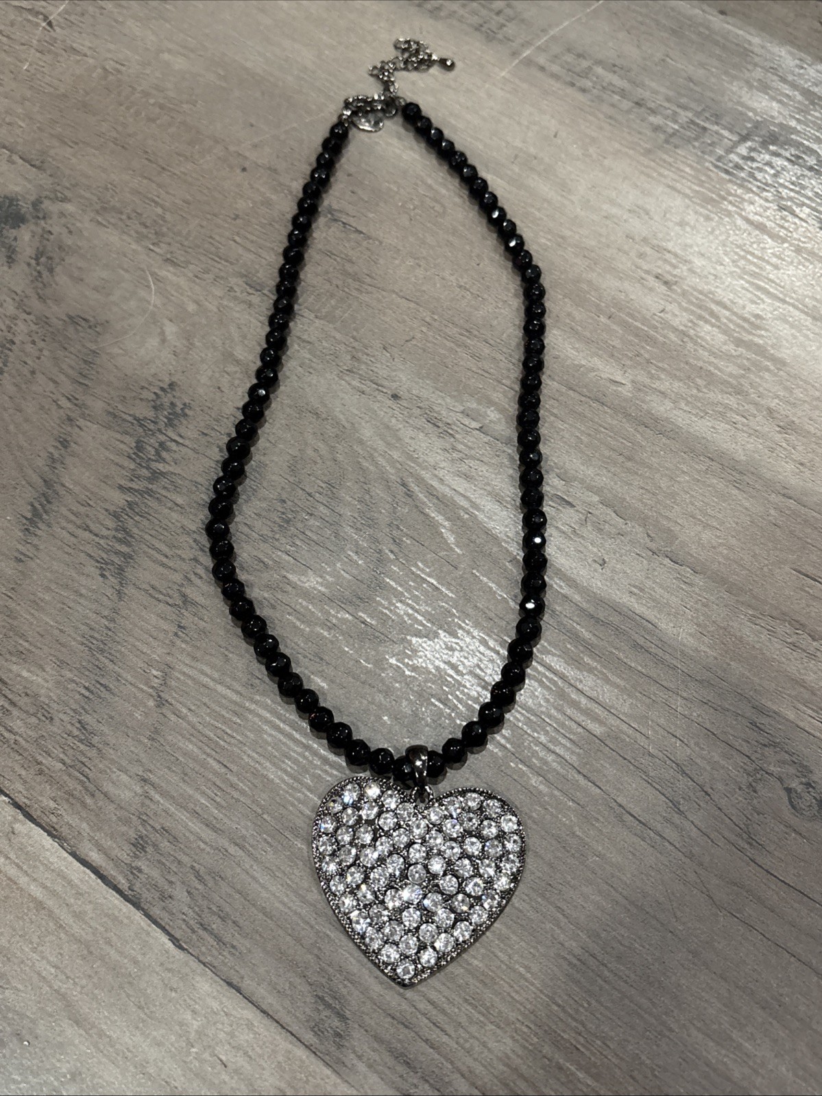 Cookie Lee Necklace Black Beads With Heart Pendant With Clear Rhinestone’s