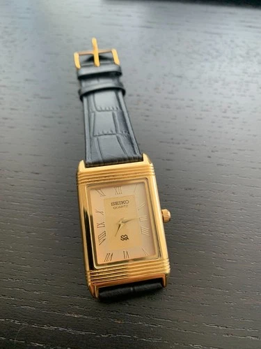 Vintage Seiko Reverso Frame Tank Wrist Watch Refurbished Gold Dial Gold Bezel