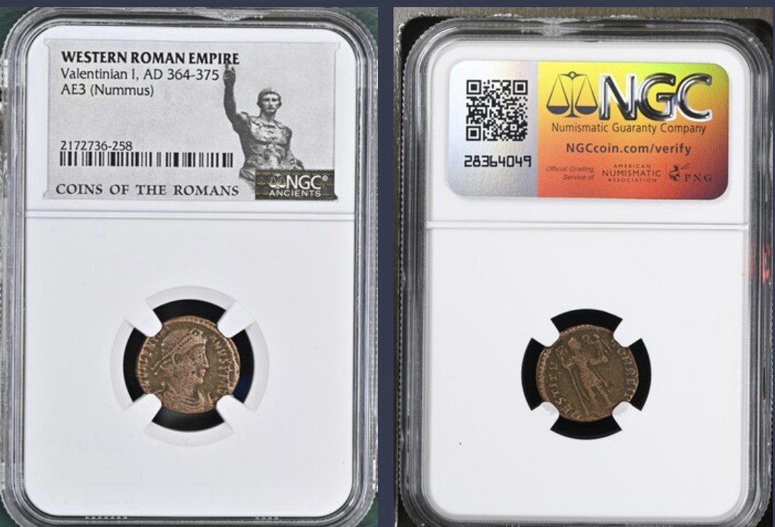 ローマ帝国Valentinian I AD 364年-375年ÆヌムスNGC認定 Ancient Roman Emperor Valentinian I 364-375 AD Genuine NGC