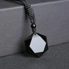 Black Obsidian Crystal Hexagon Pendant Necklace for Protection Healing Handmade
