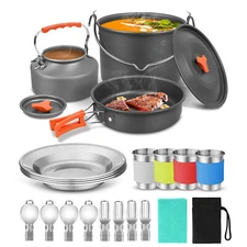 22PCS/Set Outdoor Camping Picnic Pot Pan Kettle Teapot Cups Cookware Tableware