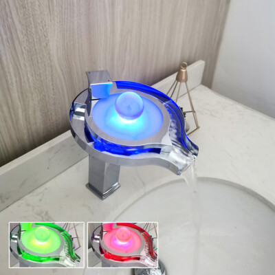 LED Bathroom Basin Sink 3 Colors Deck Mounted Waterfall Spout Taps Mixer Faucets