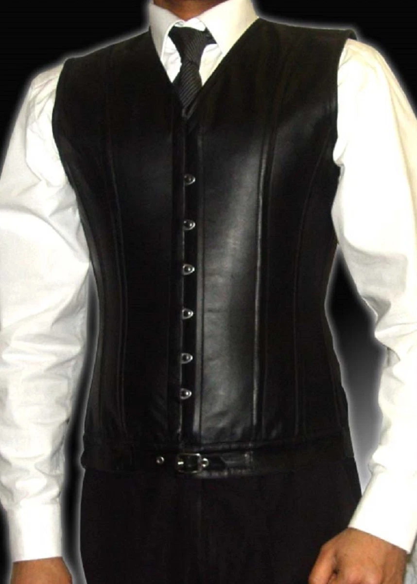 Man Hommes Black Real Pure Leather Corset Lace Up Steel Busk Real Steel Bones